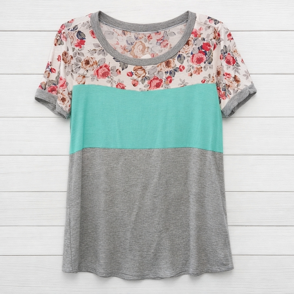 Floral Colorblock short sleeve Mint Grey Top - Size S